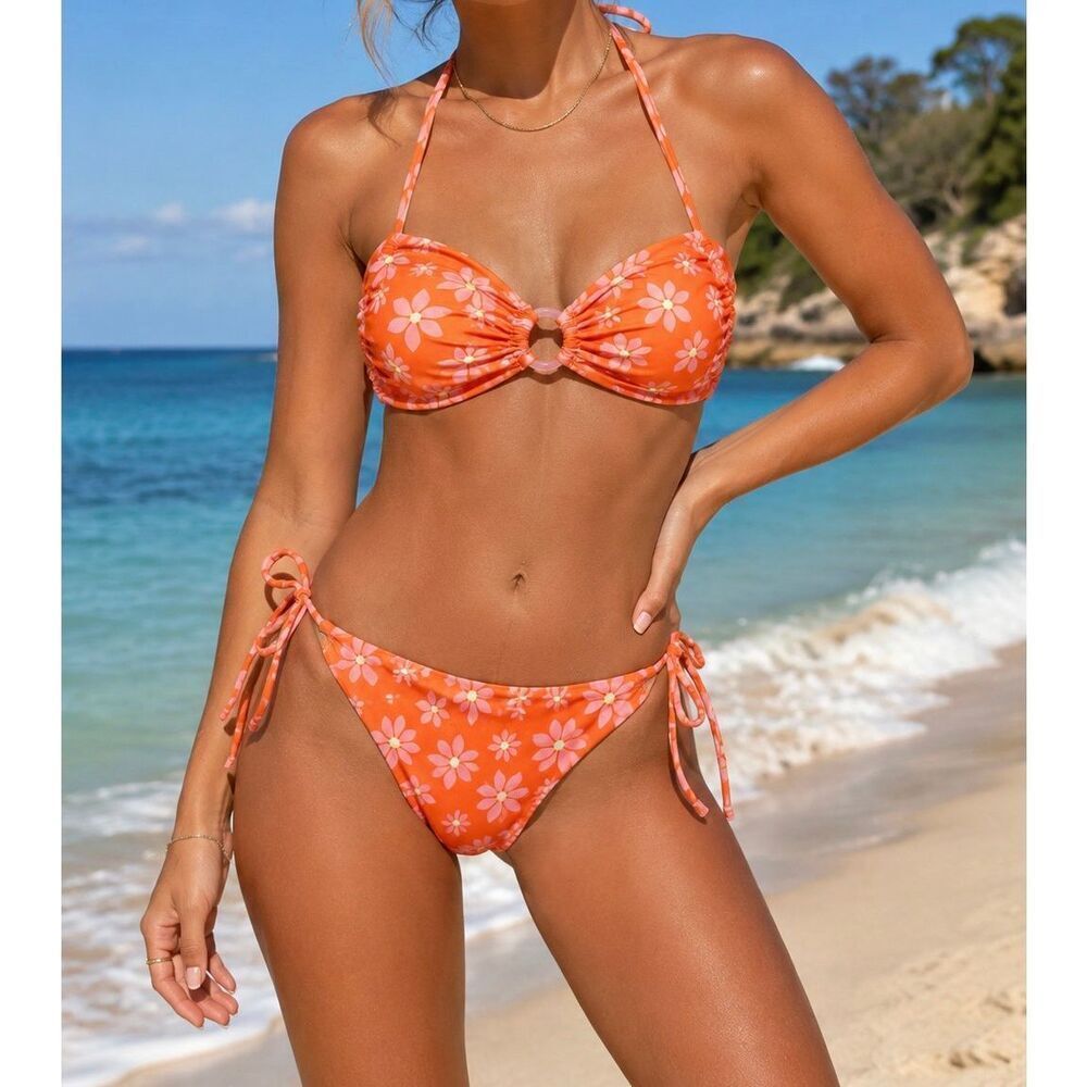 Wrangler Floral Bikini Set Orange Pink Daisy Tie Side Swimwear Estimated XS/S
